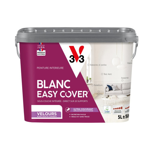 Peinture mur et plafond, boiserie blanc velours V33 Easy cover 5l - V33