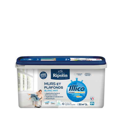 Peinture mur et plafond RIPOLIN Illico blanc mat 3l - RIPOLIN