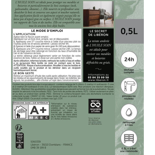 Huile bois intérieur meuble LIBÉRON, incolore  mat, 0.5l - LIBERON