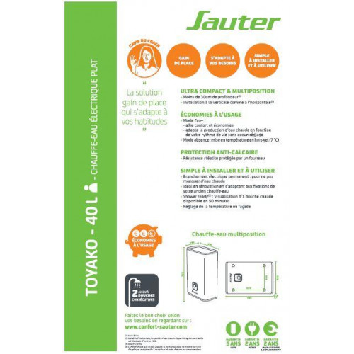 Chauffe-eau électrique plat horizontal/vertical SAUTER 40L - SAUTER
