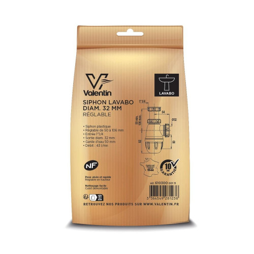 Siphon de lavabo réglable 50mm/106mm VALENTIN diamètre 32 - VALENTIN