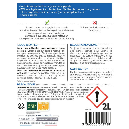 Décrassant extérieur multi-supports concentré à diluer  STARWAX 2 L - Starwax