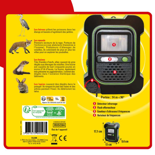 Répulsif ultrasons à piles pour chiens, chats, renards, lapins, fouines et héron - ACTO