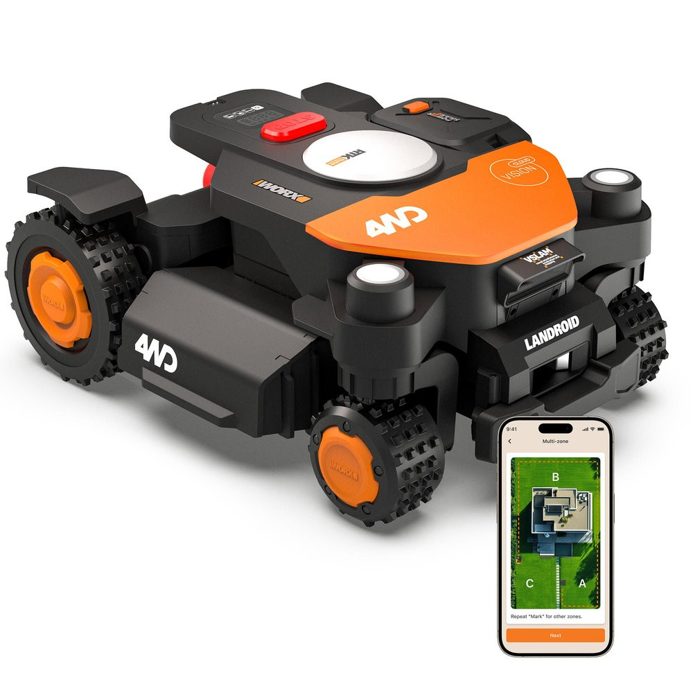 Robot tondeuse connecté sans fil WORX VISION CLOUD 4WD Jusquà 600 m² WR340E caméra 4K IA pente 84% VSLAM + RTK Cloud app