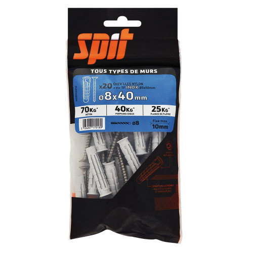 Lot de 20 Cheville murale avec vis SPIT, 8 x L.40 mm - SPIT