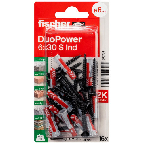 Lot de 16 chevilles multi-matériaux DuoPower FISCHER, vis noires Diam.6 x L.30 m - FISCHER