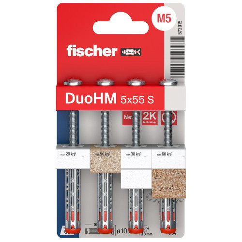 Lot de 4 chevilles murale avec vis DuoHM FISCHER, Diam.5 x L.55 mm - FISCHER