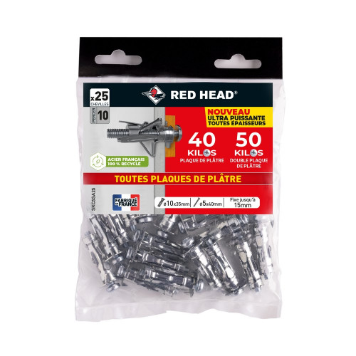 Lot de 25 chevilles Diam.10 x L.35 mm et vis a expansion RED HEAD, Diam.5 x L.40 - Red head