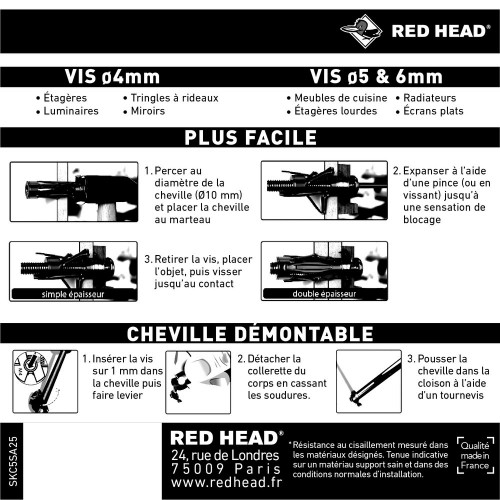 Lot de 25 chevilles Diam.10 x L.35 mm et vis a expansion RED HEAD, Diam.5 x L.40 - Red head