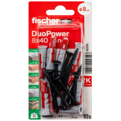 Lot de 10 chevilles multi-matériaux DuoPower FISCHER, vis noires Diam.8 x L.40 m de marque FISCHER, référence: B9908300