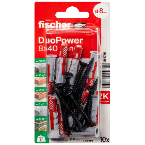 Lot de 10 chevilles multi-matériaux DuoPower FISCHER, vis noires Diam.8 x L.40 m - FISCHER