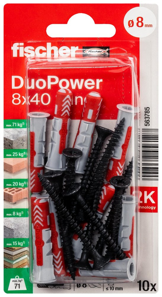 Lot de 10 chevilles multi-matériaux DuoPower FISCHER, vis noires Diam.8 x L.40 m