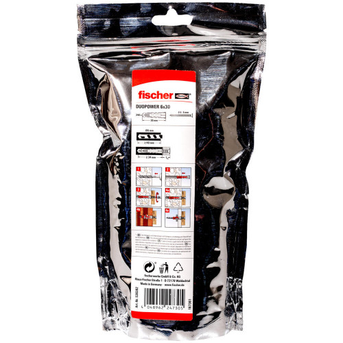 Assortiment de 240 chevilles 3 en 1 duopower 536382 FISCHER, diam. 6 mm x L. 30 - FISCHER