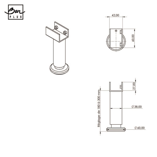 Pied de lit réglable rond BAR PLUS acier noir Ht. max 30 x Diam. 5.8 cm - BAR PLUS