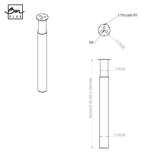 Pied table h705/1300xd102mm acier bois - BAR PLUS
