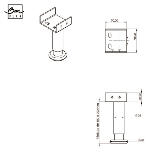 Pied de lit central réglable rond BAR PLUS acier noir Ht. max 30 x Diam. 5.8 cm - BAR PLUS