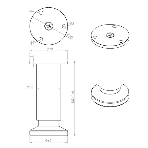 Pied de meuble CIME, chromé, diamètre 3.8 cm x hauteur réglable de 12 à 14 cm - Cime