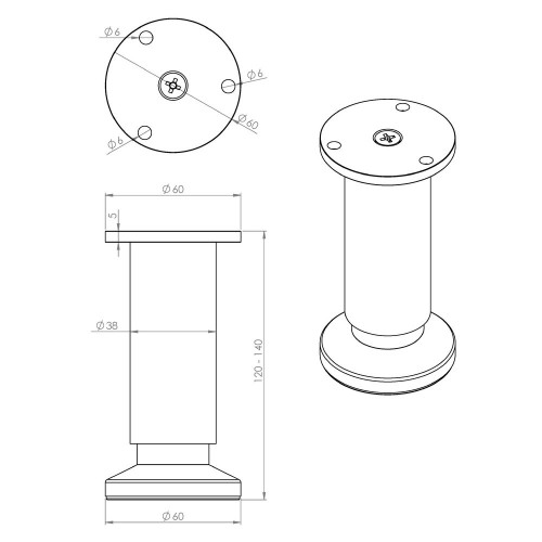 Pied de meuble CIME réglable rond, aluminium or produit sans finition Ht. max 14 - Cime