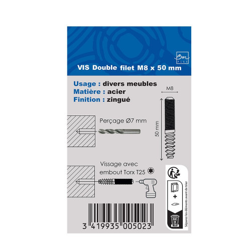 Lot de 4 vis double filet BAR PLUS, M8 x 50 mm - BAR PLUS
