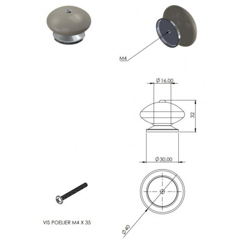 Bouton de meuble rond Fleur, céramique vert satiné, Diam.40 mm - BAR PLUS