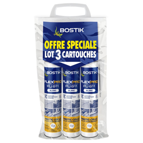 Lot de 3 colle de fixation polyuréthane Flexpro pu 811 BOSTIK, 900ml blanc - Bostik