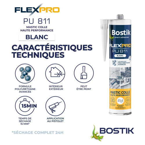 Lot de 3 colle de fixation polyuréthane Flexpro pu 811 BOSTIK, 900ml blanc - Bostik
