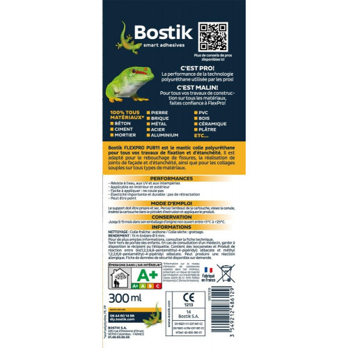 Lot de 3 colle de fixation polyuréthane Flexpro pu 811 BOSTIK, 900ml blanc - Bostik