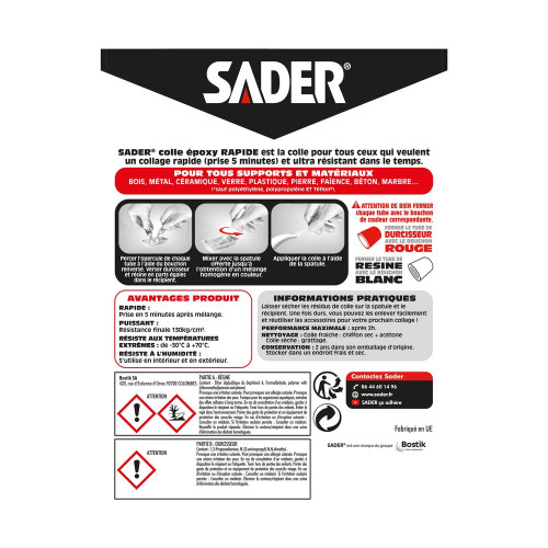 Colle de reparation epoxy bi-composant sader rapide seringue 25ml - Sader