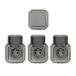 Lot de 1 interrupteur VV et 3 prises avec terre complet, LEGRAND Plexo, gris de marque LEGRAND, référence: B9957400