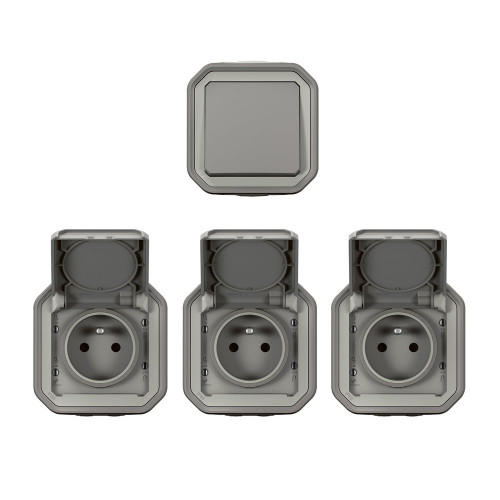 Lot de 1 interrupteur VV et 3 prises avec terre complet, LEGRAND Plexo, gris - LEGRAND