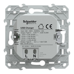 Prise chargeur usb A+C 7,5W 45W à assembler Ovalis, SCHNEIDER ELECTRIC, blanc - SCHNEIDER ELECTRIC