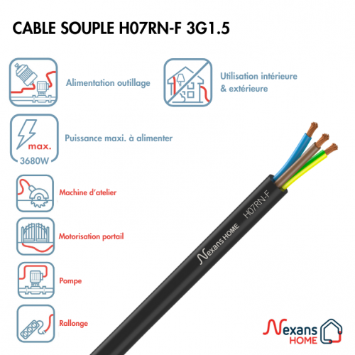Câble Souple Ho7Rnf Noir, L.50 M - NEXANS
