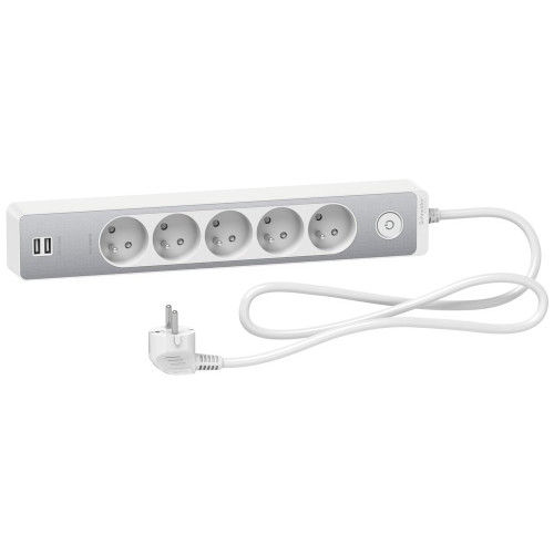 Multiprise filaire 5 prises + 2 usb 1.5m, SCHNEIDER ELECTRIC, blanc / aluminium - SCHNEIDER ELECTRIC