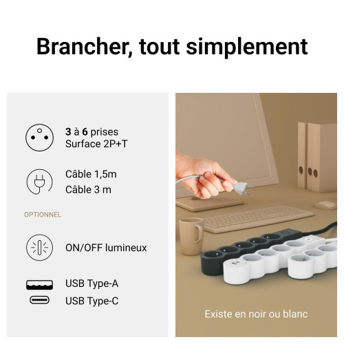 Multiprise 3 prises avec interrupteur et 1 USB-A + 1 USB-C, 1.5 m blanc LEGRAND - LEGRAND