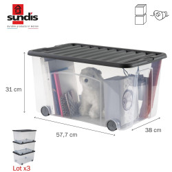Lot de 3 bacs SUNDIS polypropylene transparent l.38 x H.31 cm, 50 l de marque SUNDIS, référence: B9986000