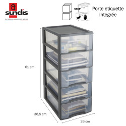 Tour de rangement plastique A4 Tag Tower 5 tiroirs transparents - gris de marque SUNDIS, référence: B9989100