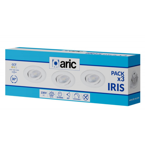 Lot de 3 spots encastrés Iris LED orientables, CCT, dimmable, 550 lumens rond bl - ARIC