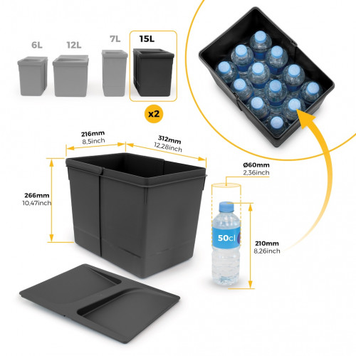 Lot de 2 bacs de tri Emuca Recycle pour tiroir de cuisine - 2 x 15 L noir - EMUCA