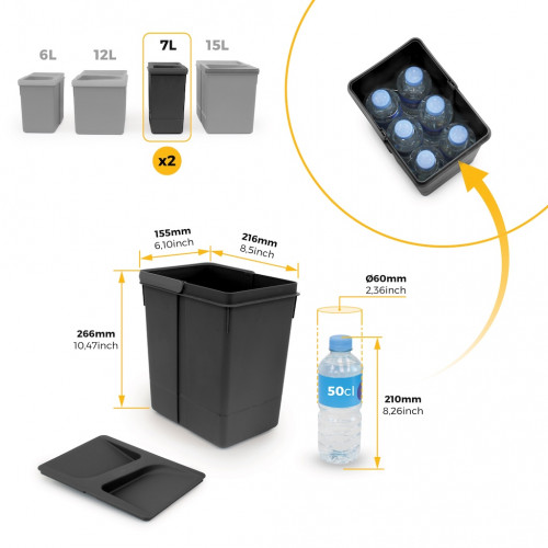 Lot de 2 bacs de tri Emuca Recycle pour tiroir de cuisine - 2 x 7 L noir - EMUCA