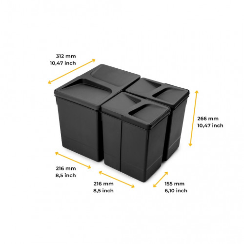 Lot de 3 bacs de tri Emuca Recycle pour tiroir de cuisine - 1 x 15 L et 2 x 7 L noir - EMUCA