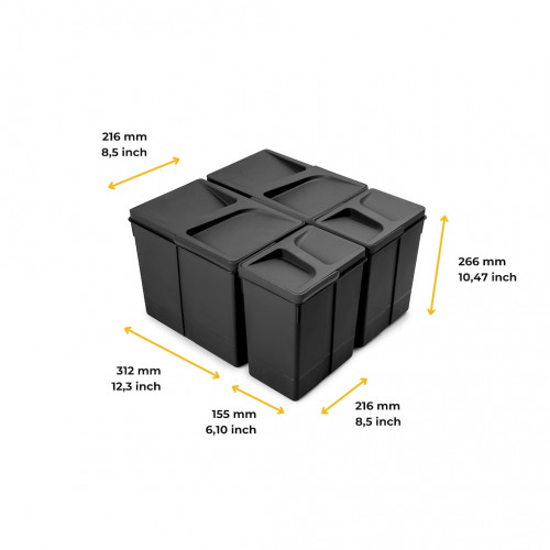 Lot de 4 bacs de tri Emuca Recycle pour tiroir de cuisine - 2 x 15 L et 2 x 7 L noir - EMUCA