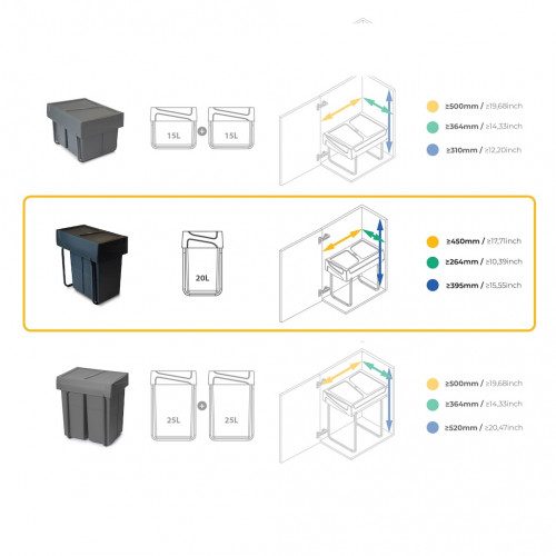 Poubelle de tri Emuca Recycle 20 L - fixation bas de caisson extraction manuelle noir - EMUCA