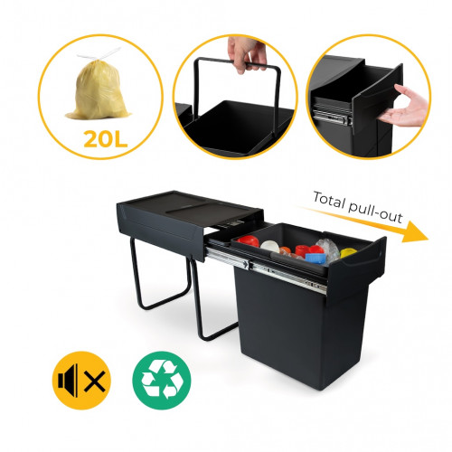 Poubelle de tri Emuca Recycle 20 L - fixation bas de caisson extraction manuelle noir - EMUCA