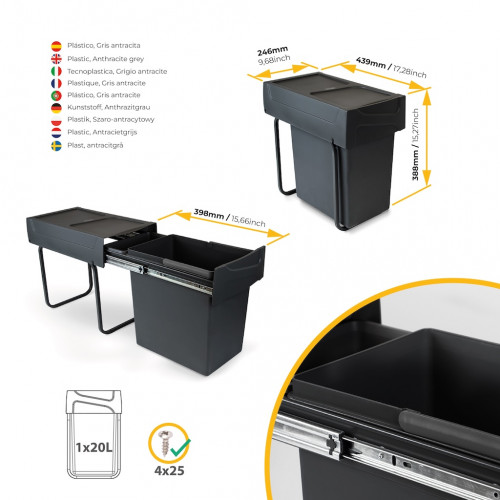 Poubelle de tri Emuca Recycle 20 L - fixation bas de caisson extraction manuelle noir - EMUCA