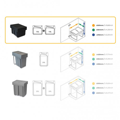 Poubelle de tri Emuca Recycle 2 x 15 L - fixation bas de caisson extraction manuelle noir - EMUCA