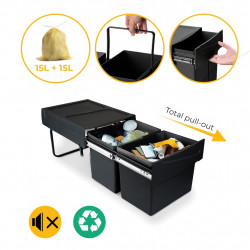 Poubelle de tri Emuca Recycle 2 x 15 L - fixation bas de caisson extraction manuelle noir - EMUCA