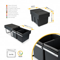 Poubelle de tri Emuca Recycle 2 x 15 L - fixation bas de caisson extraction manuelle noir - EMUCA