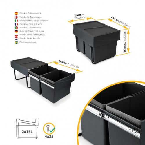 Poubelle de tri Emuca Recycle 2 x 15 L - fixation bas de caisson extraction manuelle noir - EMUCA