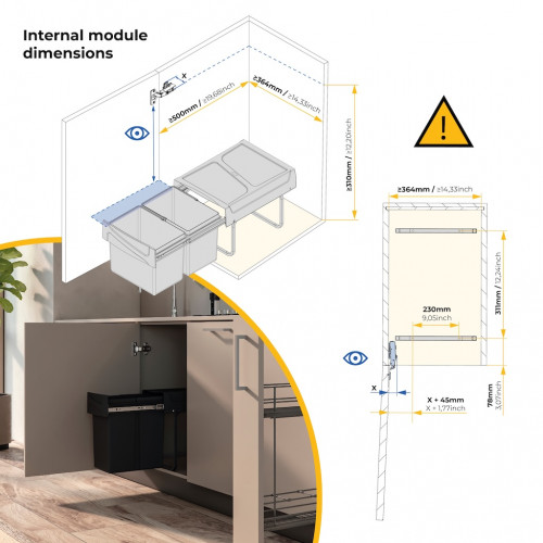 Poubelle de tri Emuca Recycle 2 x 15 L - fixation bas de caisson extraction manuelle noir - EMUCA