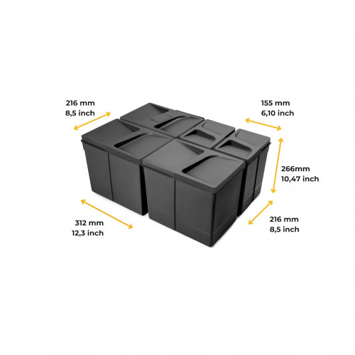 Lot de 5 poubelles de tri Emuca Recycle pour tiroir de cuisine - 3 x 15 L et 2 x 7 L noir - EMUCA